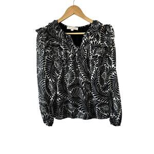 Ann Taylor LOFT Black & White Fern Clip Ruffle Tie Neck Blouse Top Shirt Medium